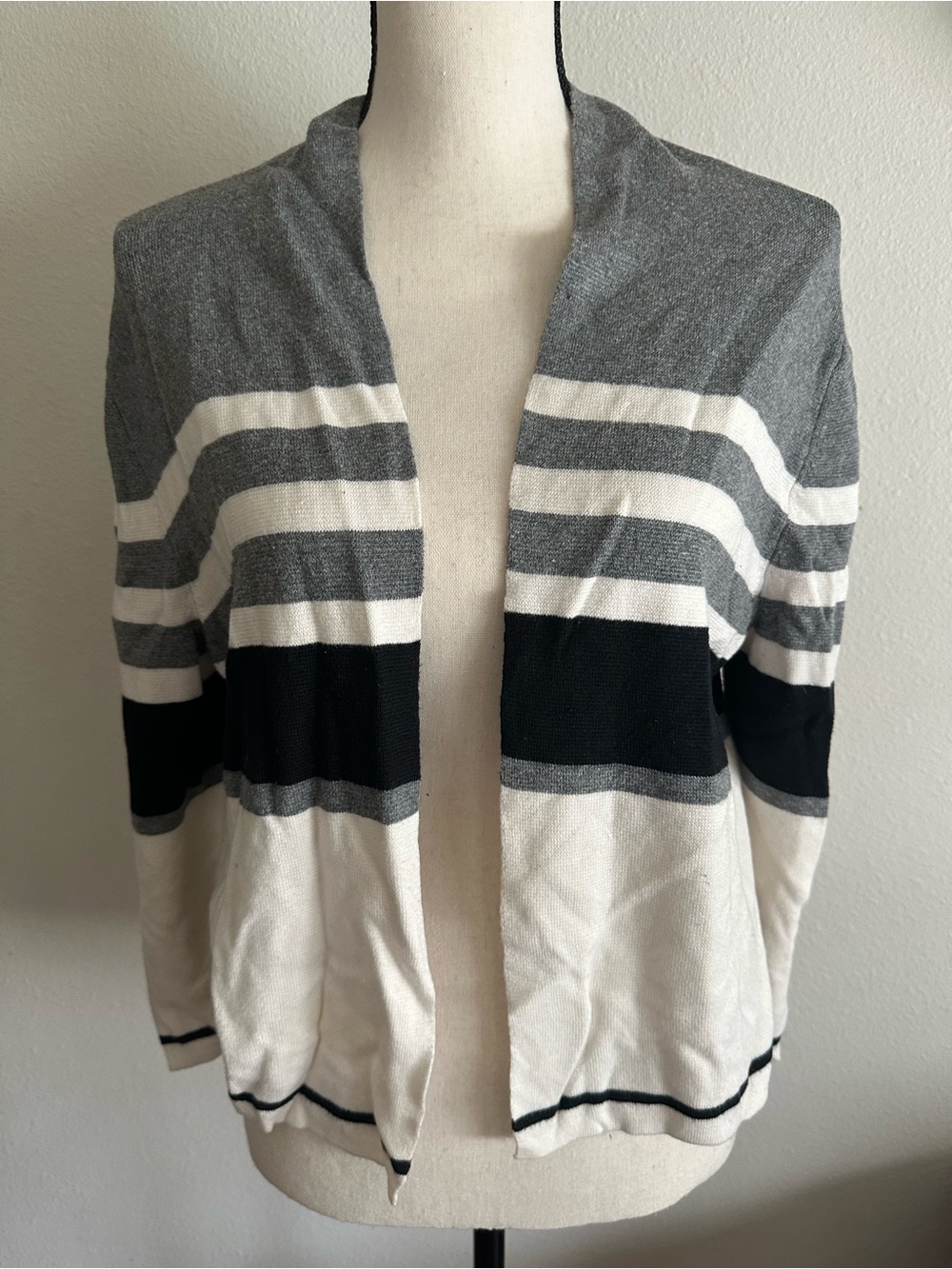 Liz Claiborne Gray, Black & White Striped Open-Front Cardigan